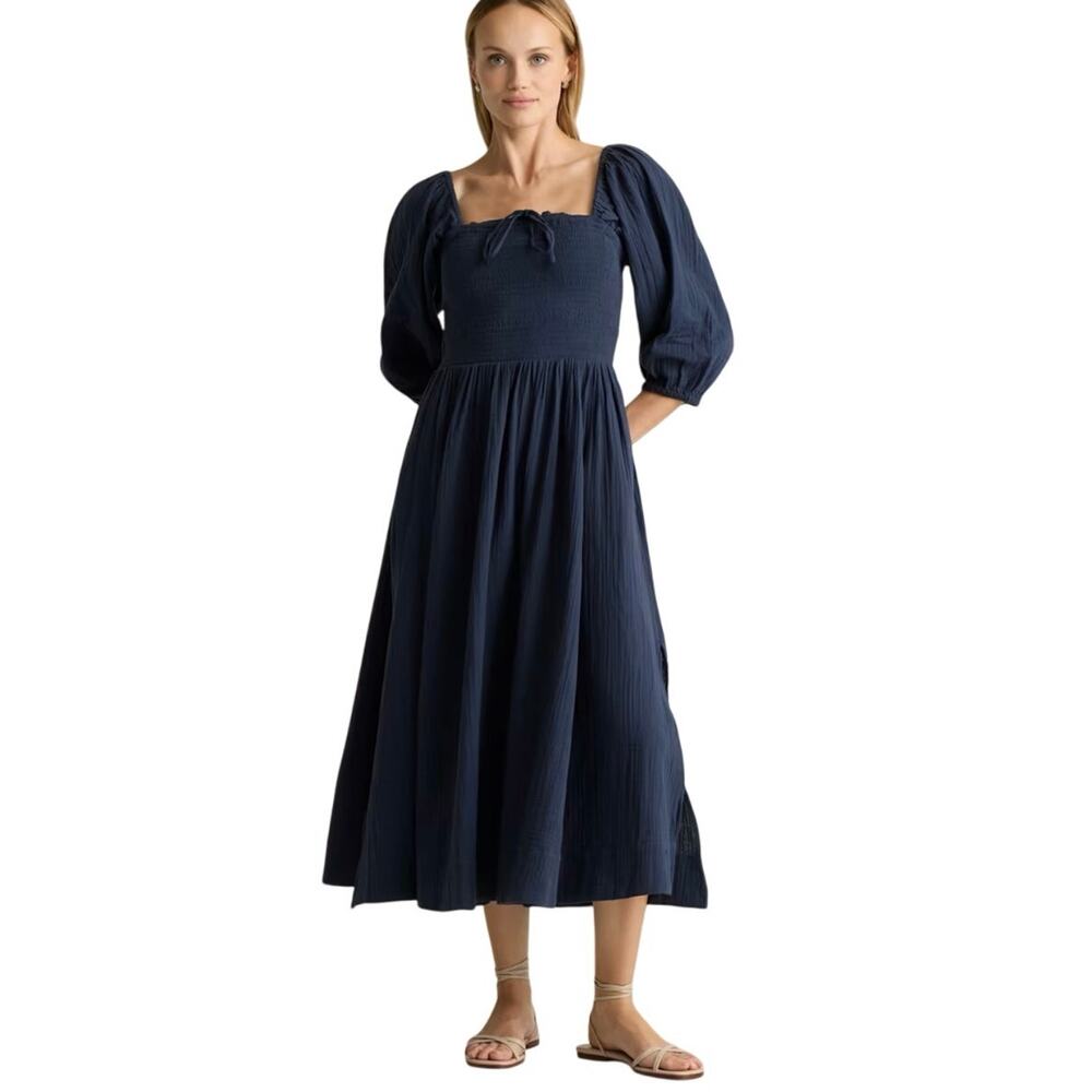 Quince Navy Blue Smocked Midi Dress